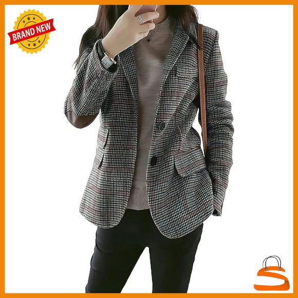 Jackets & Blazers - Wool Plaid Blazer Slim Fit Notched Lapel Elbow Patch Jacket